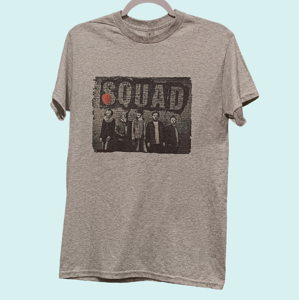 Gray Horror Movie Character 'Squad' Graphic Tee- Unisex